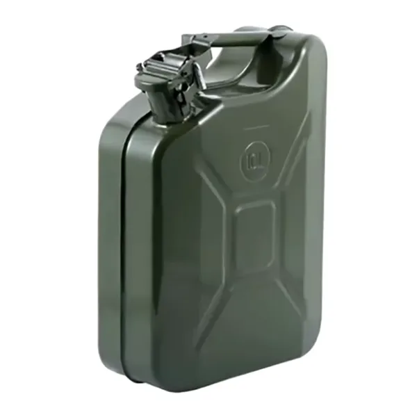 Metal gasoline jerry can with flexible pour spout and seal for safe fuel storage and transportation in Saudi Arabia