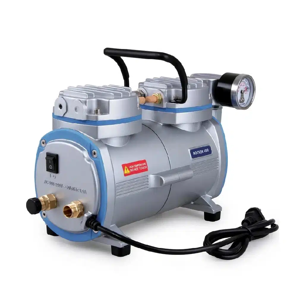 rocker-400-vacuum-pump-rear-view-ksa Rocker 400 oil-free vacuum pump rear view with hose barbs and power cable