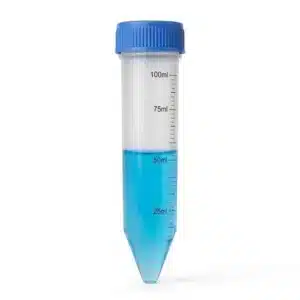 100ml conical centrifuge tube with blue liquid and graduation scale