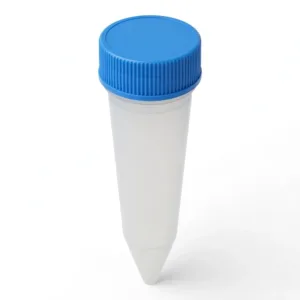 Blue screw cap on 100ml conical centrifuge tube from above