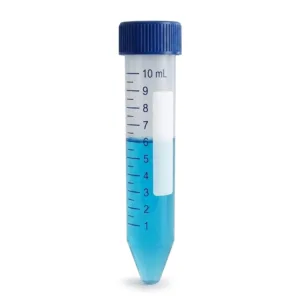 10ml conical centrifuge tube filled with blue liquid