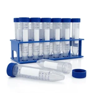 15ml polypropylene conical centrifuge tubes with blue caps in blue rack